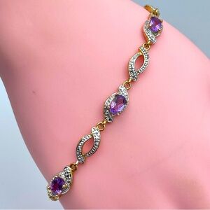 Elegant Gold-Tone Amethyst & CZ Link Tennis Bracelet by PAJ 7.5”